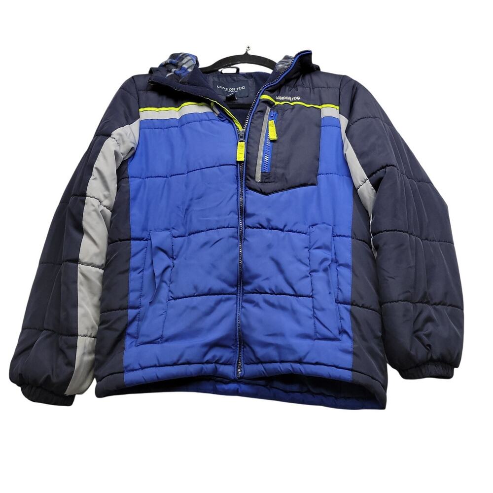 London Fog Boys M 10-12 Puffer Jacket Blue Black Hooded Fleece Lined Winter Coat